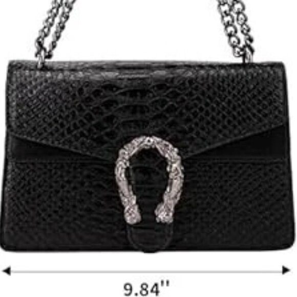 Italian Leather Snakeskin Crossbody w Chain Strap Horseshoe Clasp - Black - Picture 6 of 6